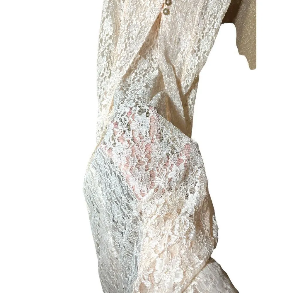 Vintage Dawn Joy 80s/90s Light Pink Lace Coquette Cottagecore Lace Maxi Dress Si Size 8 - Image 10
