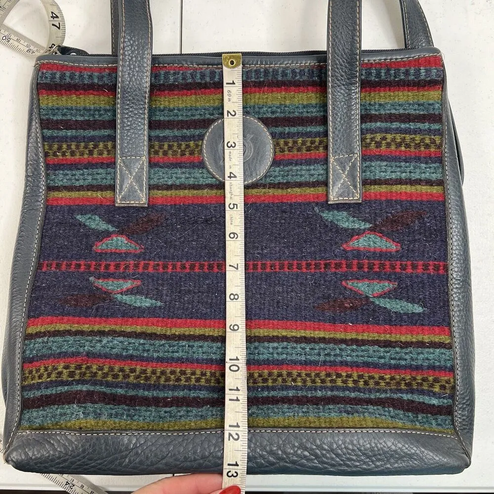 BORN Southwestern Aztec Tote Boho Wool Leather Shopper Blanket Bag Navy - Image 14
