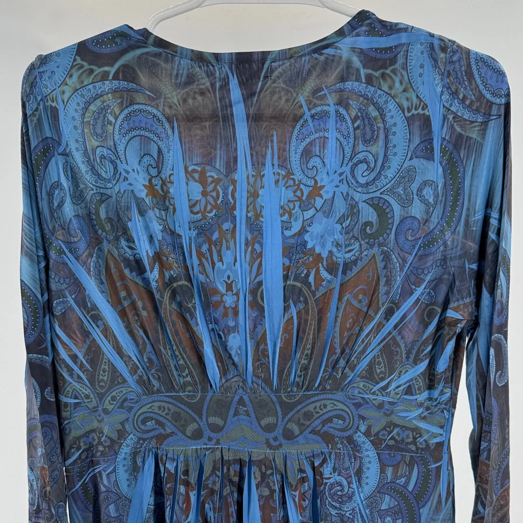 ONE WORLD Vibrant Blue Brown Long Sleeve studded dress tunic stretchy Y2K M - Image 3