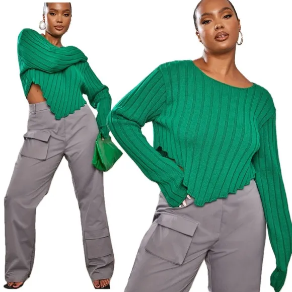 NWT Pretty Little Thing Bright Green Chunky Knit Long Sleeve Dip Hem Crop Top XL - Image 2