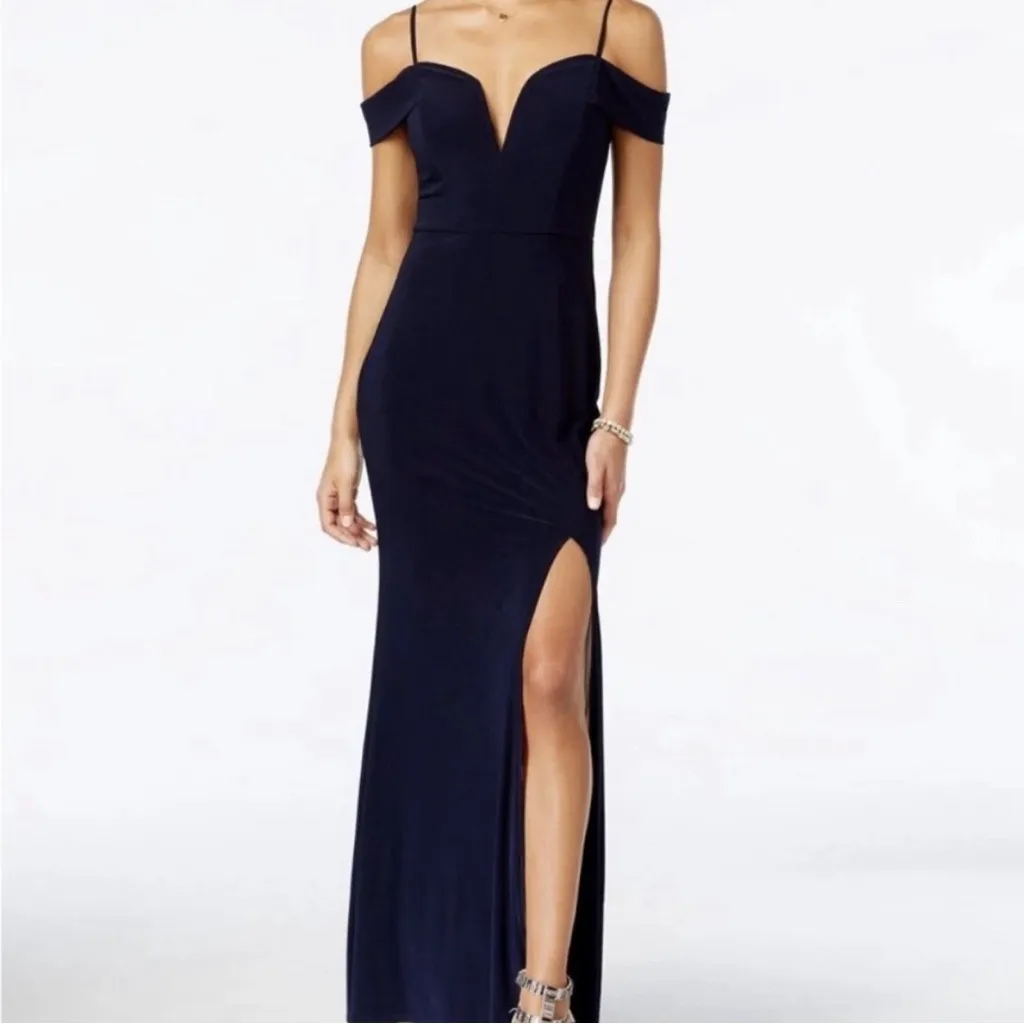 City Studio Navy Blue Off The shoulder Deep V Formal Gown Dress XS - Image 2