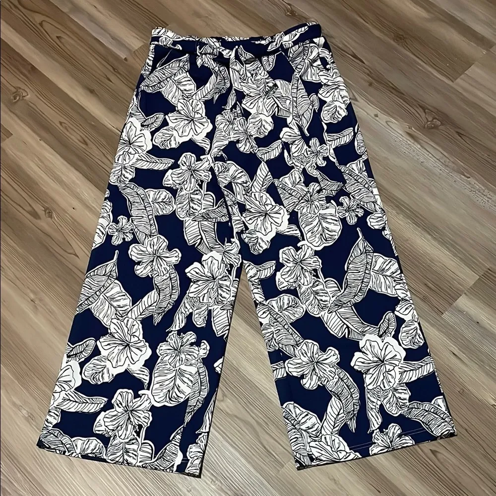 Melloday wide leg belted pants Navy White Tropical print Pull on Size M Stretch - Image 2