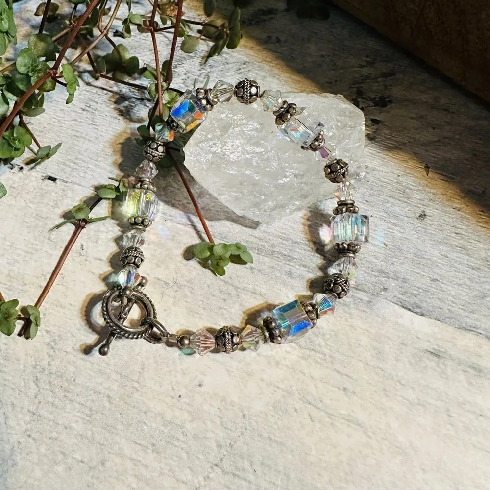 Vintage Sterling Silver Austrian Crystal Toggle Bracelet Silver - Image 3