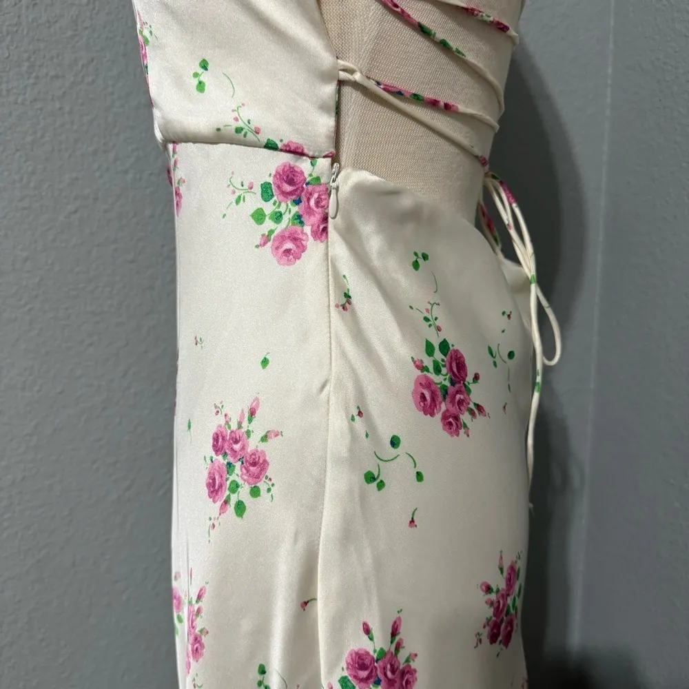 Zara Sweetheart Neckline Floral Print Satin Effect MIDI Dress Cross Back Sz L - Image 13