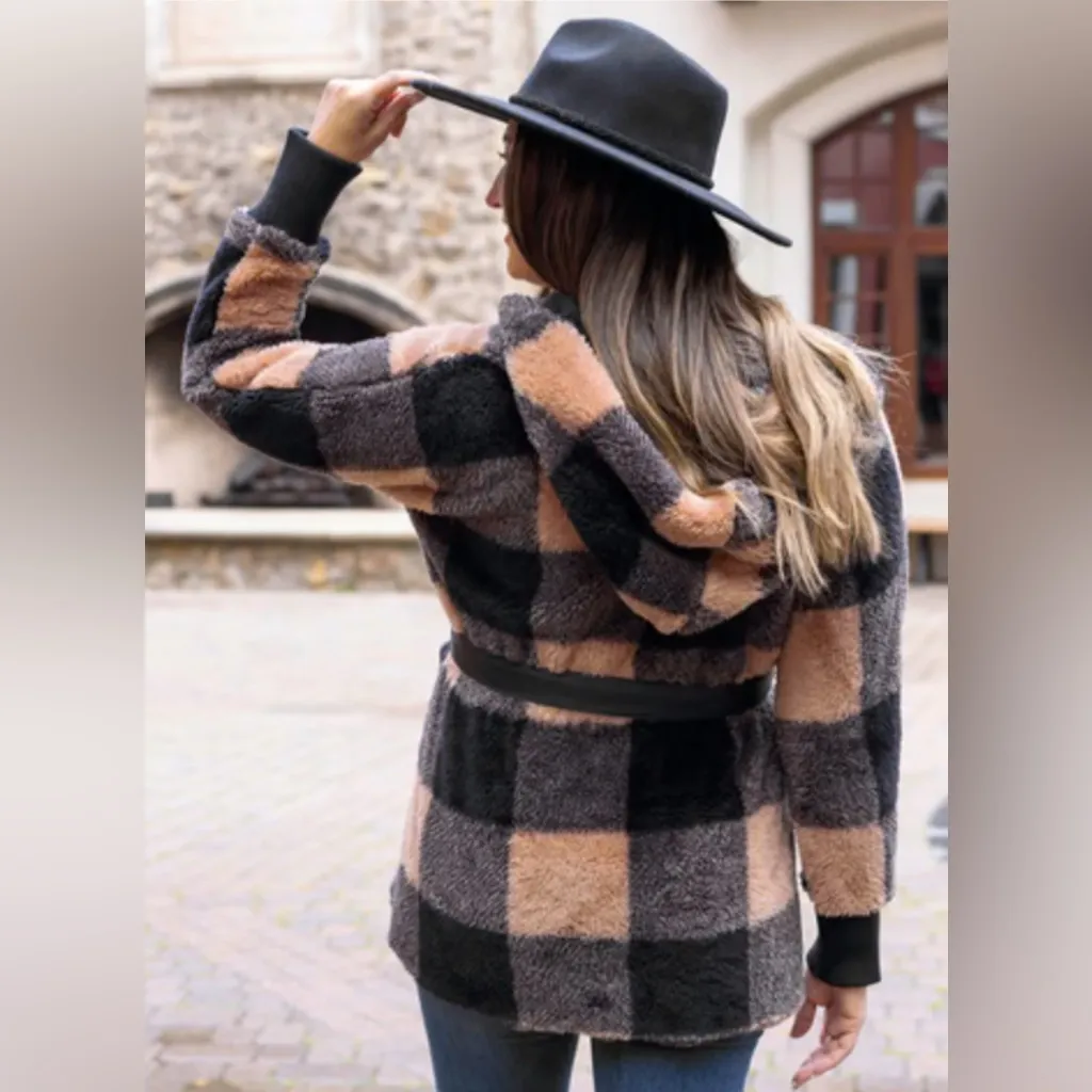 Fleece Tan/Black Buffalo Plaid Wrap Jacket Buffalo Fleece Plaid Wrap Jacket L/XL Black - Image 3
