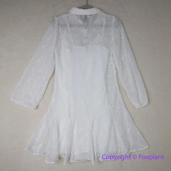 New! White‎ House Black Market Long Sleeve Eyelet Shirt Dress mini ecru, size 6 - Image 10