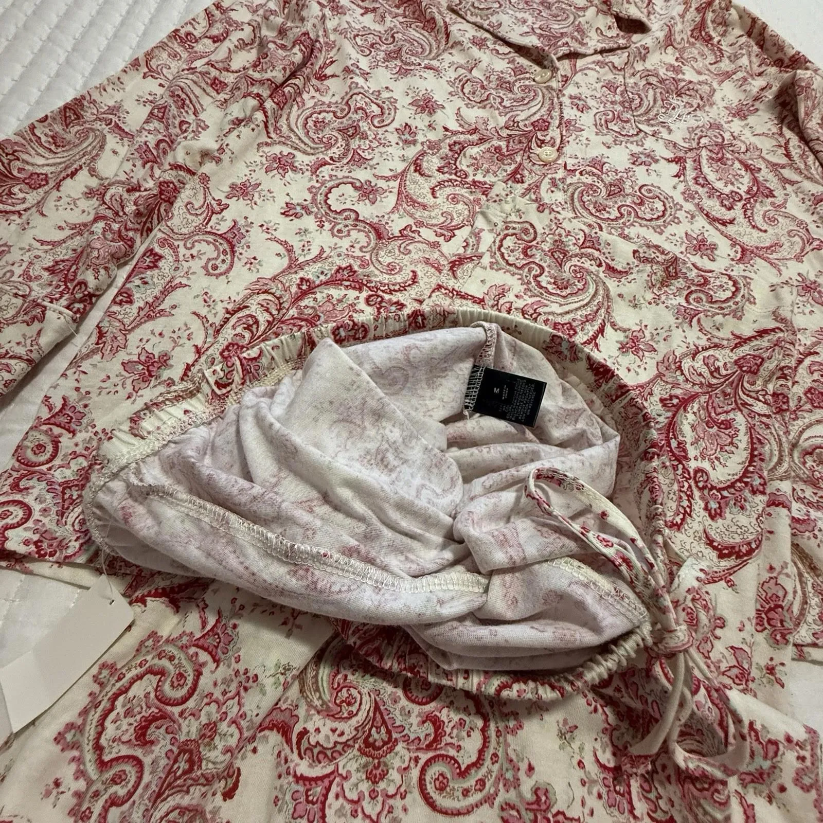 Lauren Ralph Lauren PJ Pajama Set Shirt & Pants Cream Red Pink Paisley M Medium - Image 10
