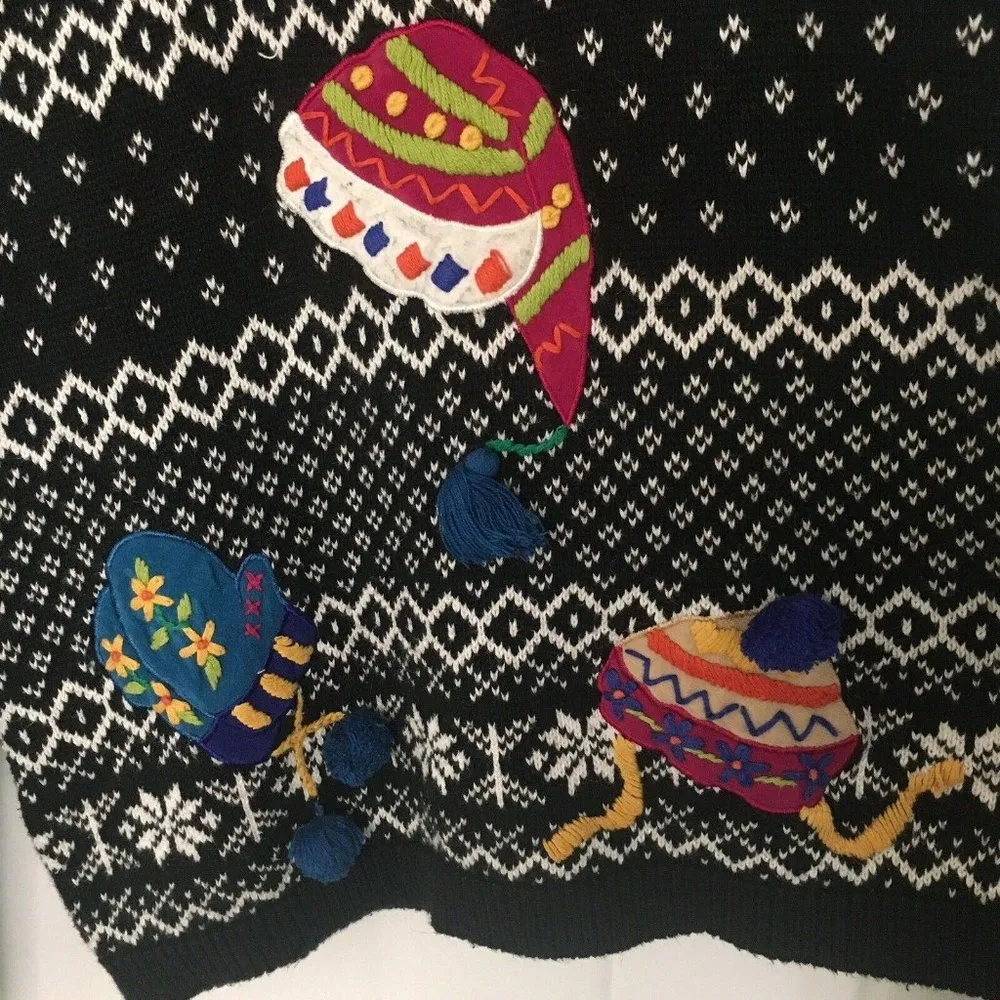 Victoria Jones Fair Isle Black & White Turtleneck Sweater Winter Hats Women’s Lg - Image 7