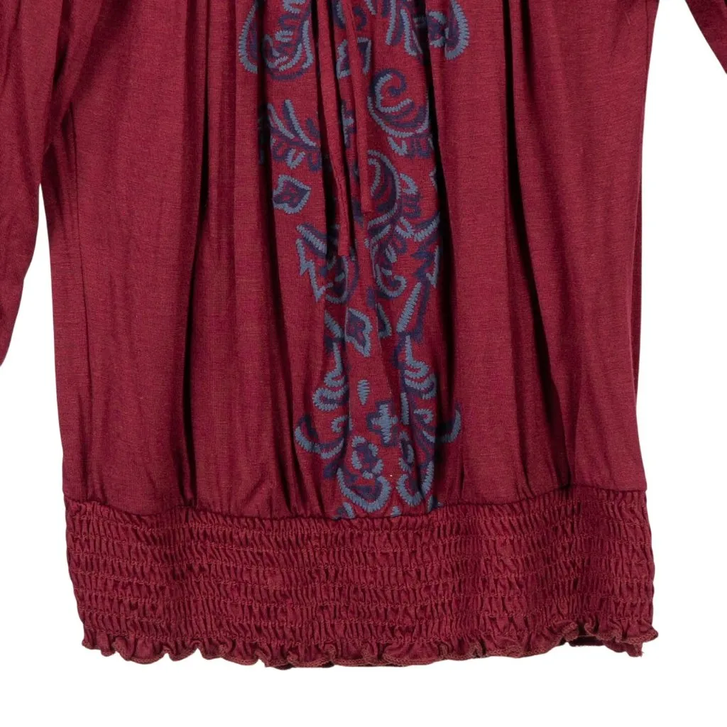 Pretty Good Peasant Blouse L Womens NEW Burgundy Boho Blue Paisley 3/4 Sleeves - Image 4