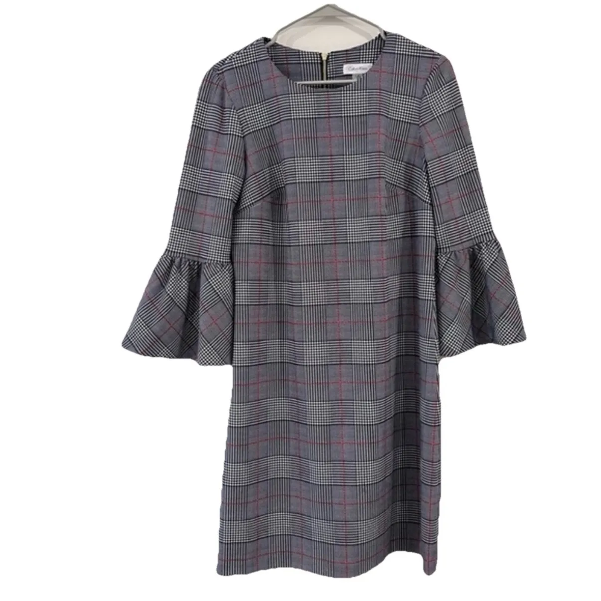 Calvin Klein Black White Houndstooth Plaid Bell Sleeve Crepe Sheath Dress Size 8 - Image 4