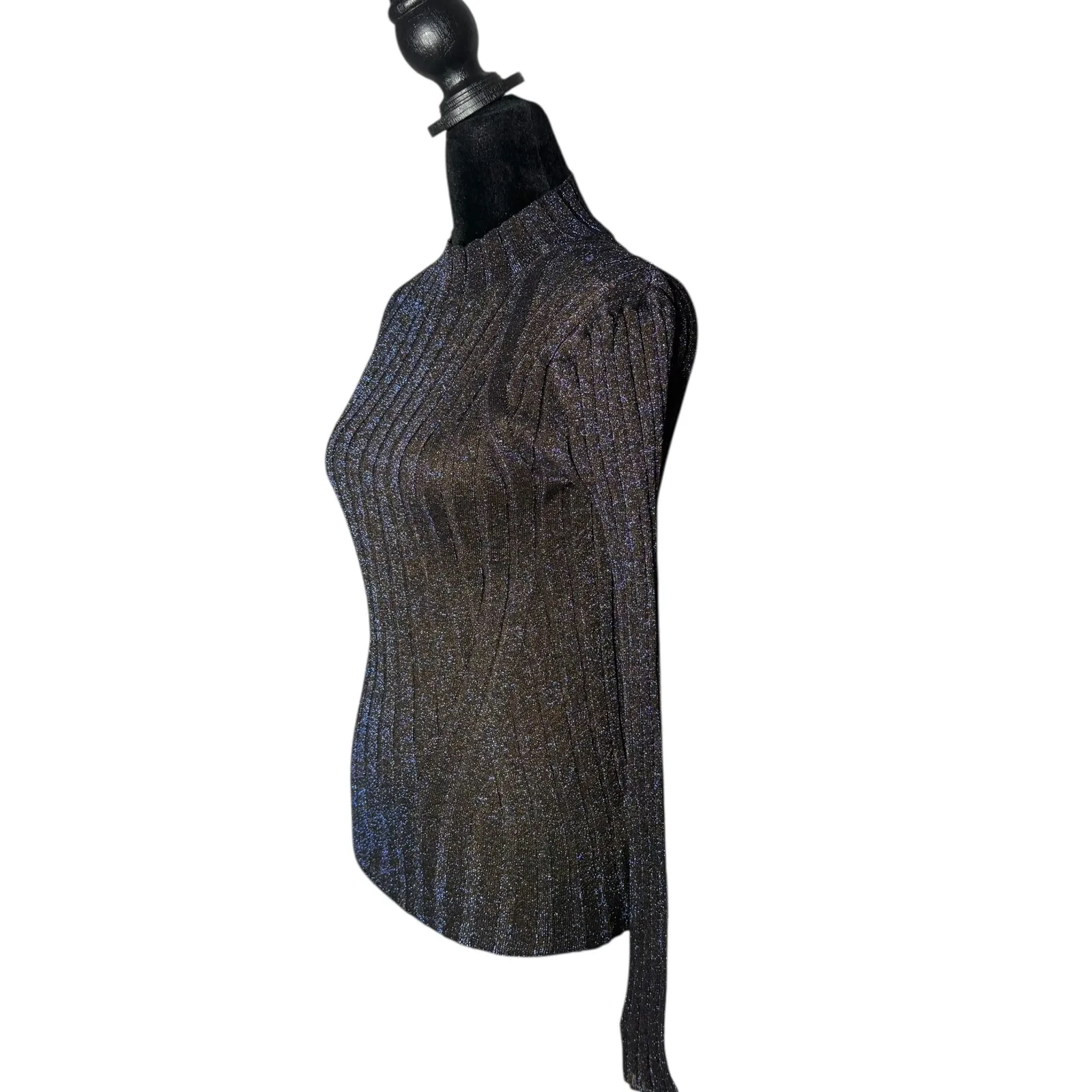 AllSaints Patrice Ribbed Knit Sheer Top Size XS Sparkly Metallic Blue Mock Neck‎ - Image 2