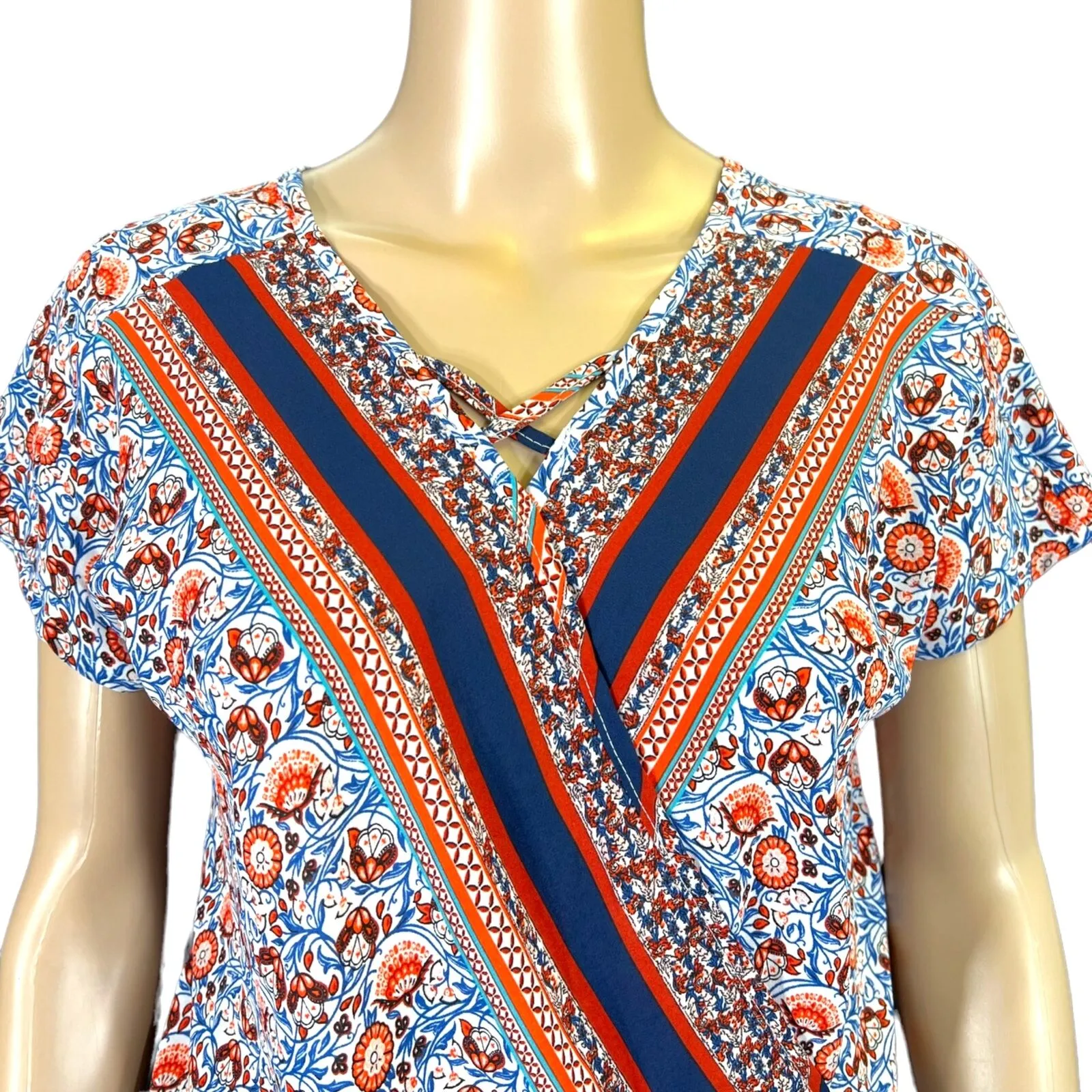 Halo Womens Blouse Top Shirt Floral Print Faux Wrap Pullover Short Sleeve Small Red - Image 5