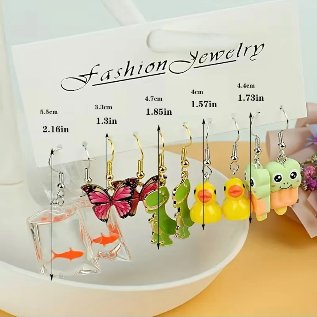 5 Pairs‎ adorable goldfish, butterfly, duck, Popsicle & dinosaur earrings - Image 6