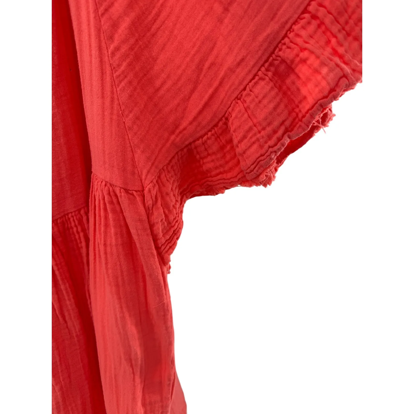 STARK X Coral Gauze Cotton Ruffled Sleeve Tiered Mini Dress M Made in USA‎ Orange Size M - Image 6