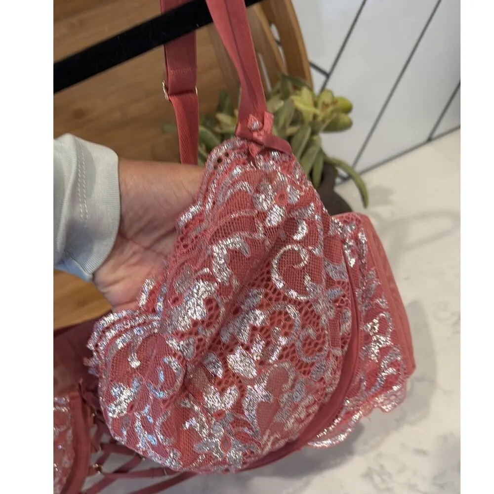 Cacique unlined pink metallic sheer Balconette bra with underwire sz 44D - Image 3