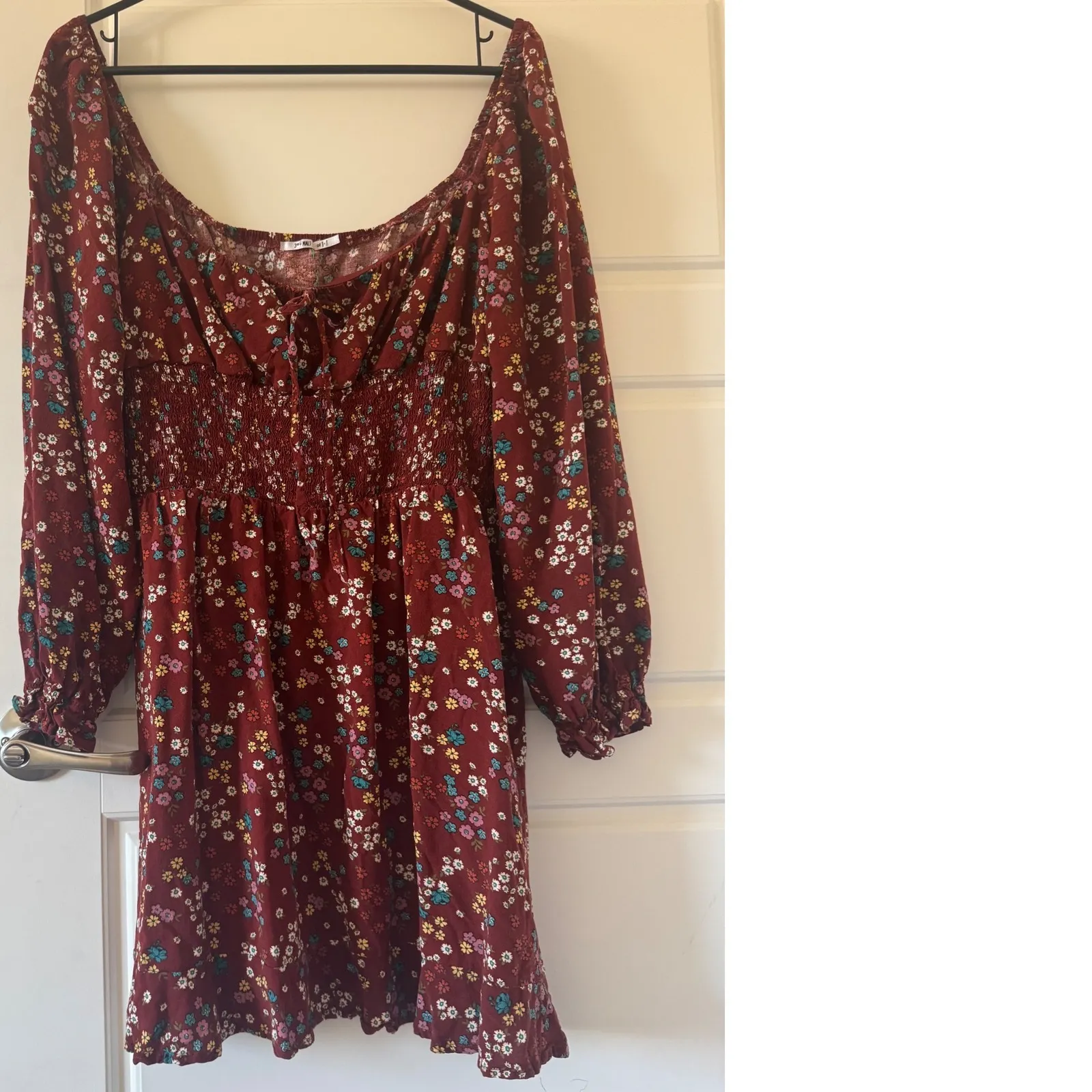 3rd + Malt sz XL Womens Red Floral Long Sleeve Tie Ruched Mini Dress Boho Dainty - Image 14