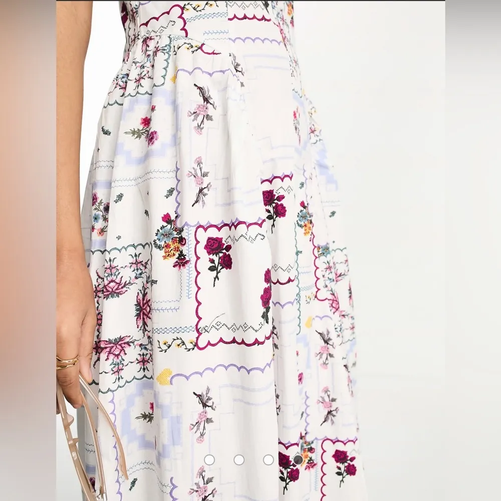 DESIGN cotton dropped corset waist midi skater dress in patchwork print - Image 4