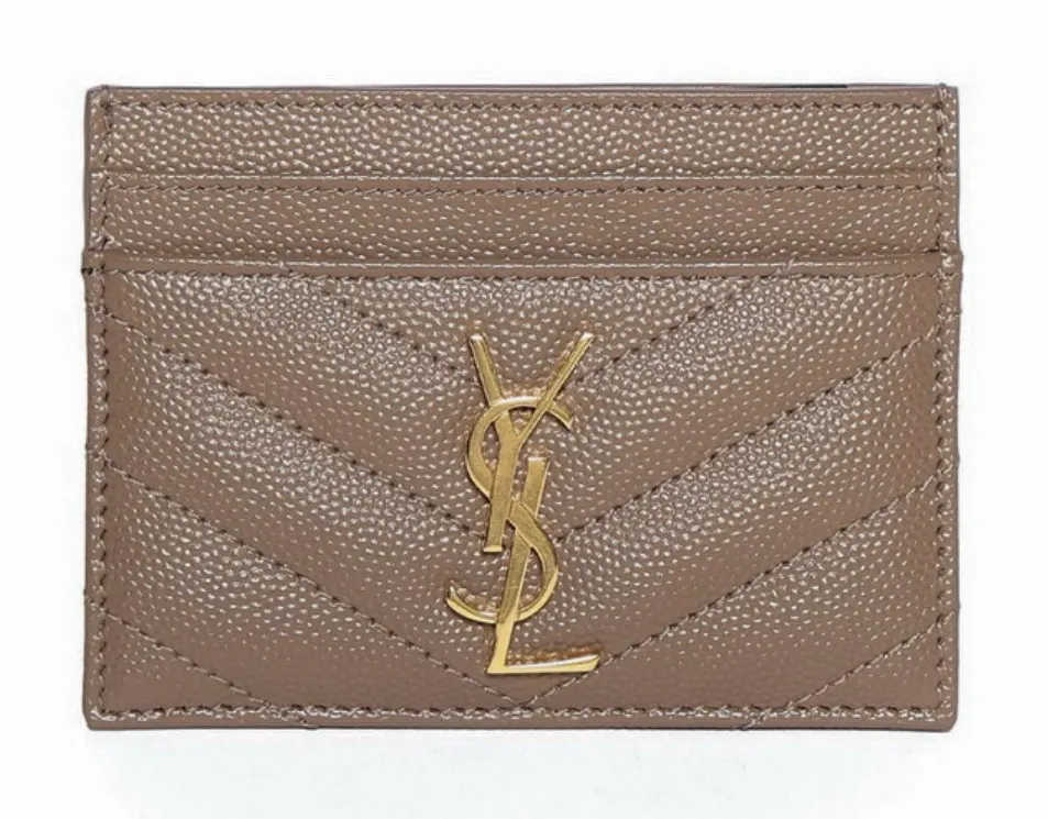 Saint Laurent YSL Monogram Logo Quilted Grained Leather Card Holder Taupe Gold - Image 1