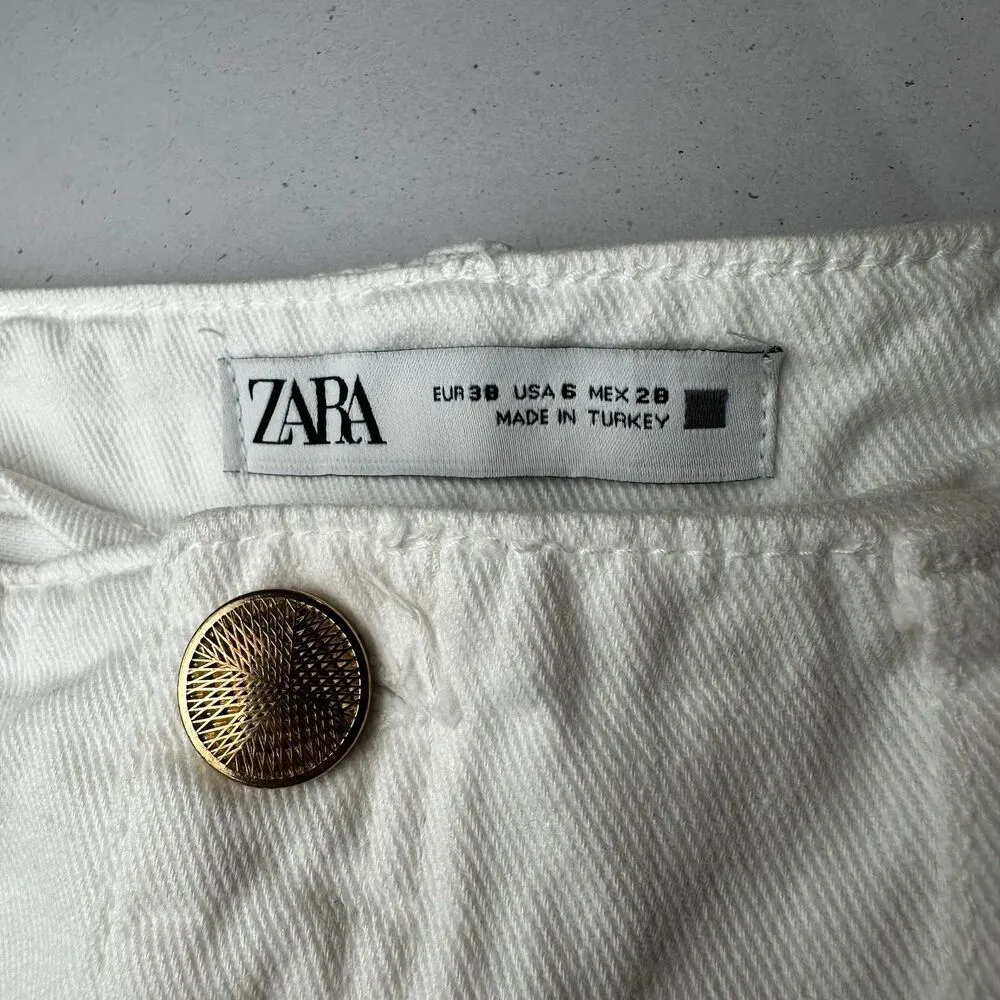 Zara Sailor Gold Button Wide Leg Embroidered Cropped White Patch Pocket Jeans 6 - Image 7