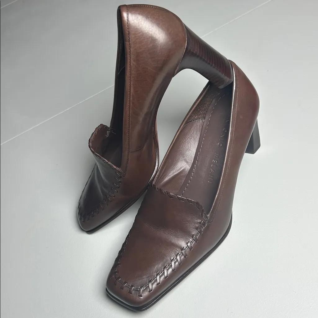 ANTONIO MELANI Shoes Women's Size 8 Brown Leather Blocked Heel A7 Derby Stitched - Image 5