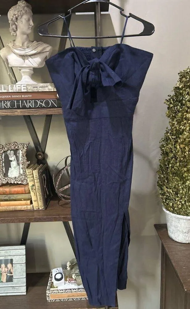 Finders Keepers Limoncello Cutout Knot Linen Midi Dress Navy Blue Size US Large - Image 5