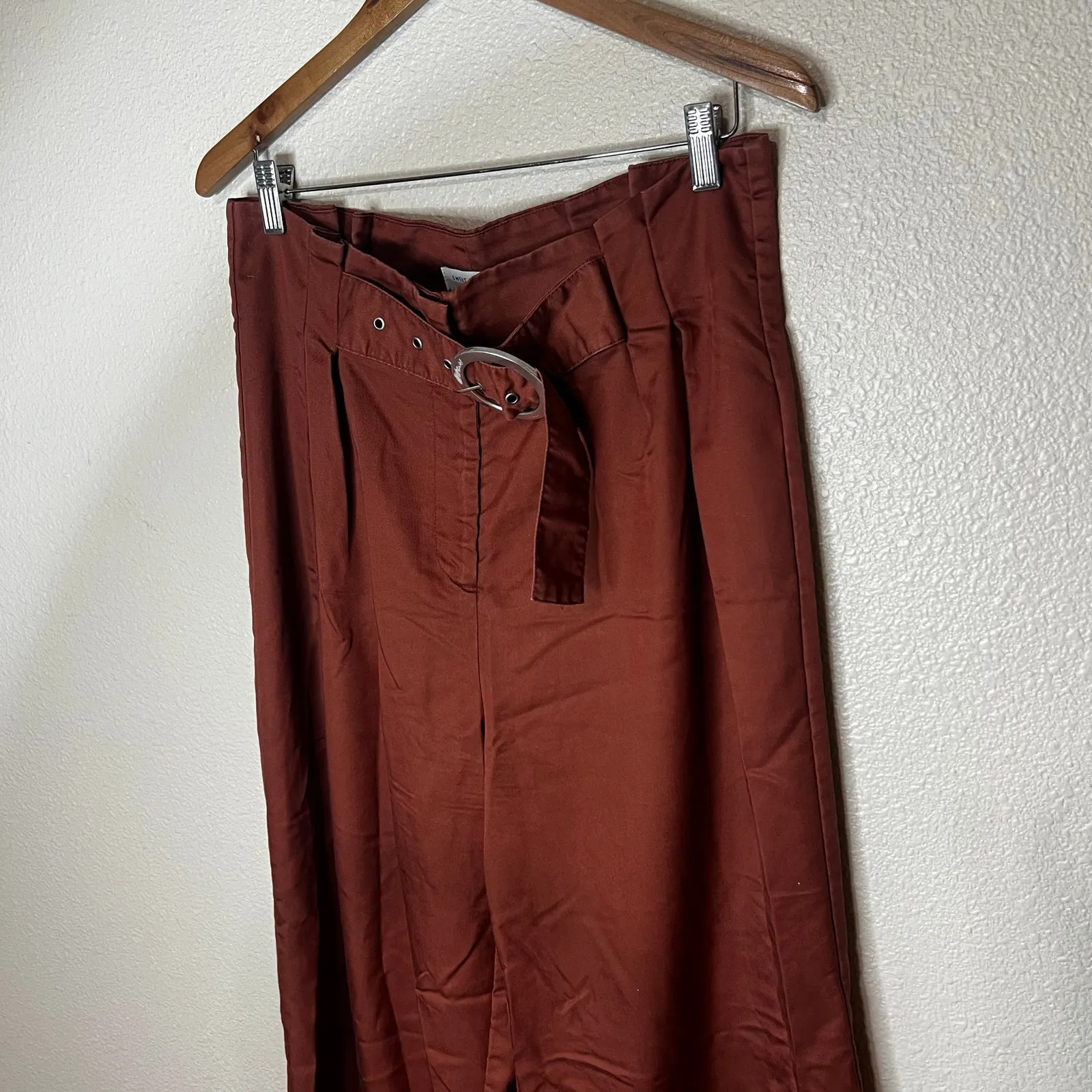 Sweet Baby Jamie Rust Brown High Rise Paperbag Pleated Wide Leg Belted Pants 10 - Image 3