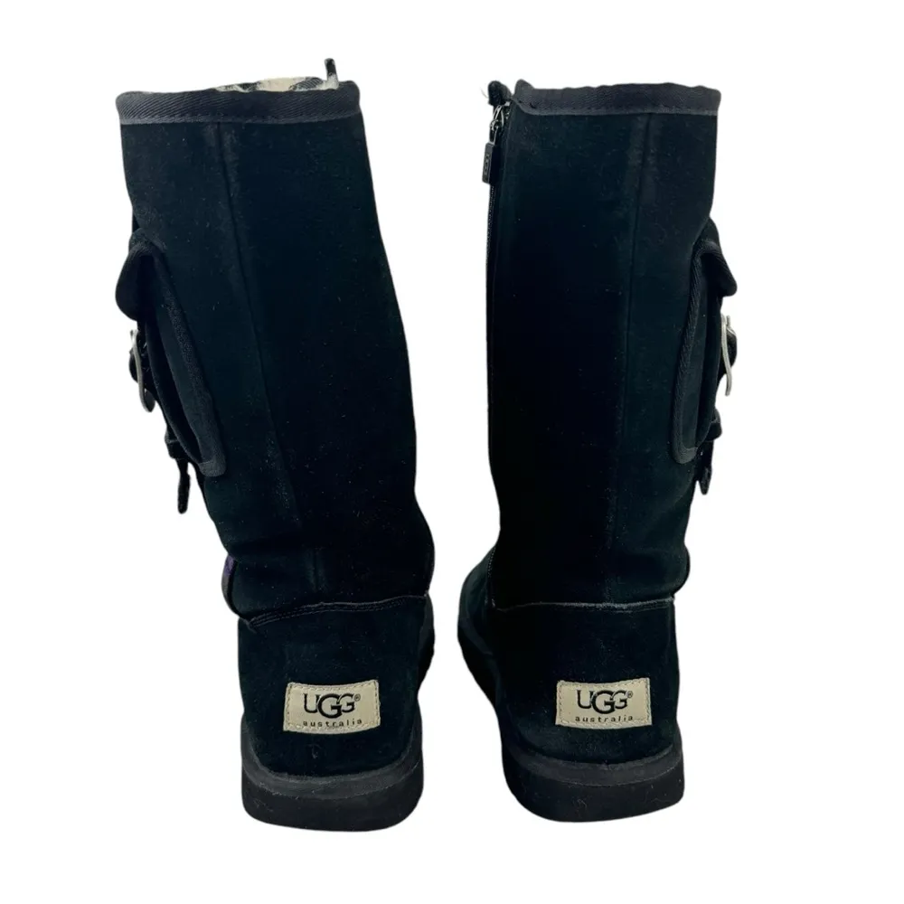 UGG F3010G Black Suede Cargo Pocket Sheepskin Retro Tall Boots Womens Size 5 - Image 3