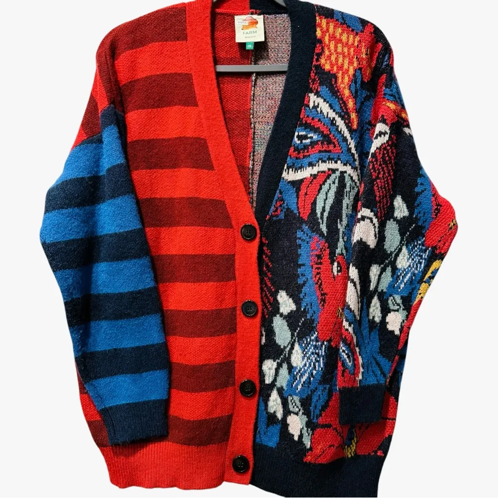 Farm Rio Vintage Forest Red Blue Stripe Mixed Oversized Cozy Cardigan Boho XS - Image 4