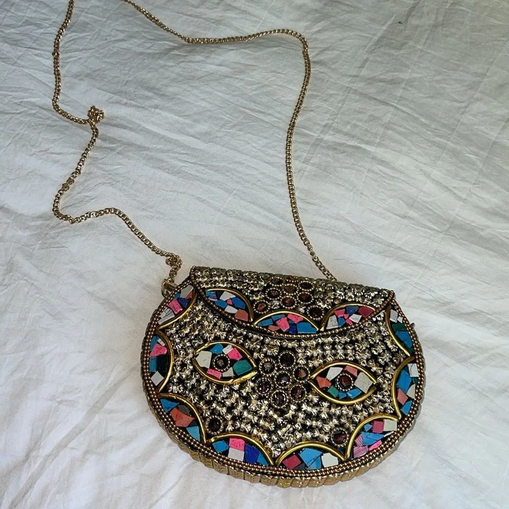RAMLA Rio‎ mosaic handcrafted gold multicolor shoulder bag clutch new - Image 2