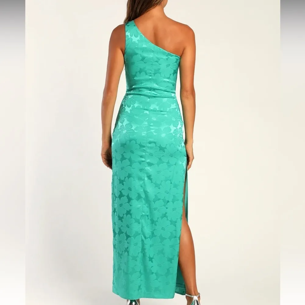 NWT Lulu’s Chasing Desire Teal Green Satin Jacquard One-Shoulder Maxi Dress - Image 3