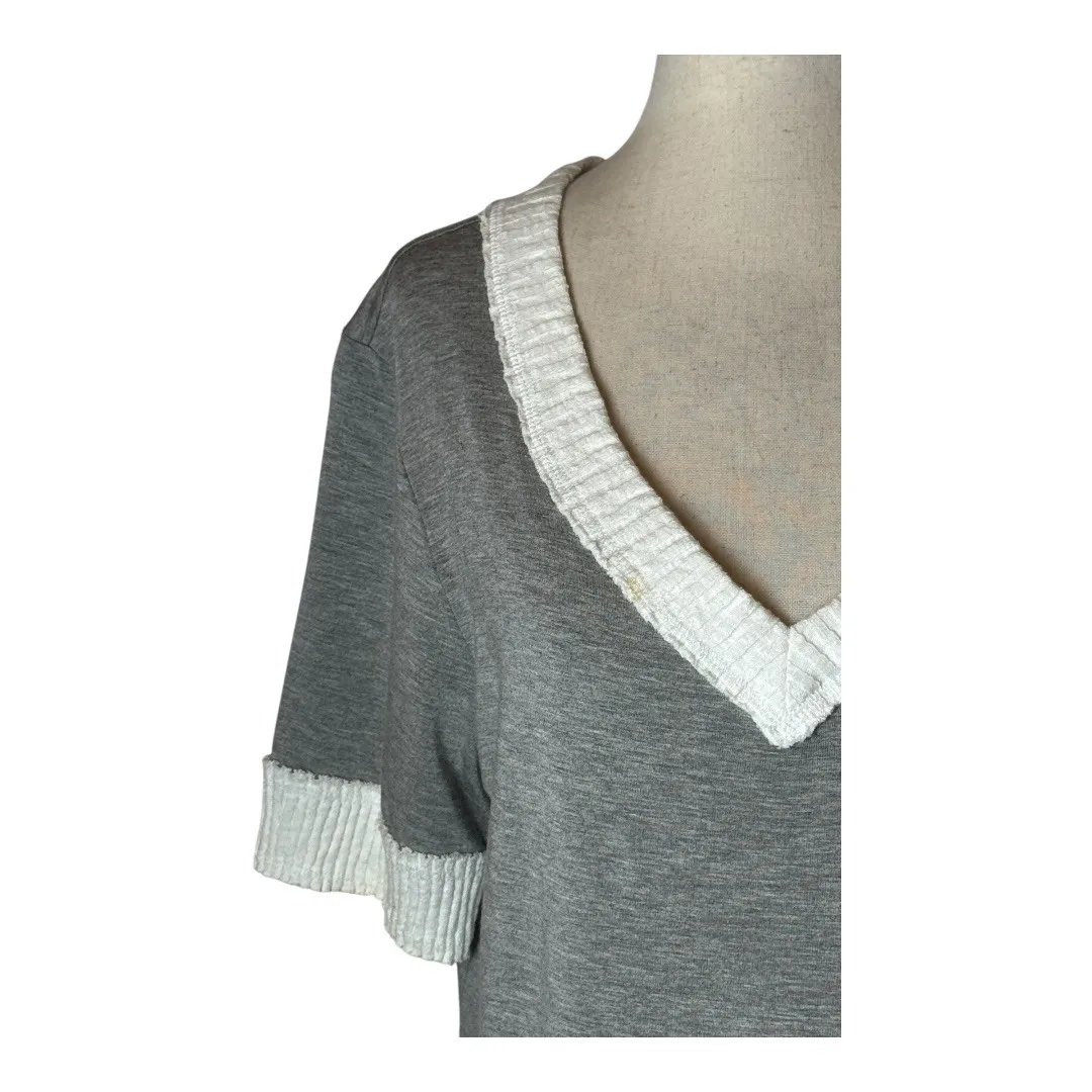 Jude Shirt Women Large Gray Jersey Knit White Pleated Trim Pullover Top Tee Boho - Image 7