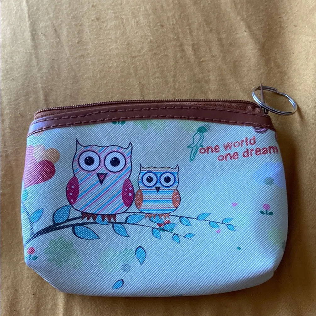 Owl Print Coin Purse with Keyring Brown - Image 2
