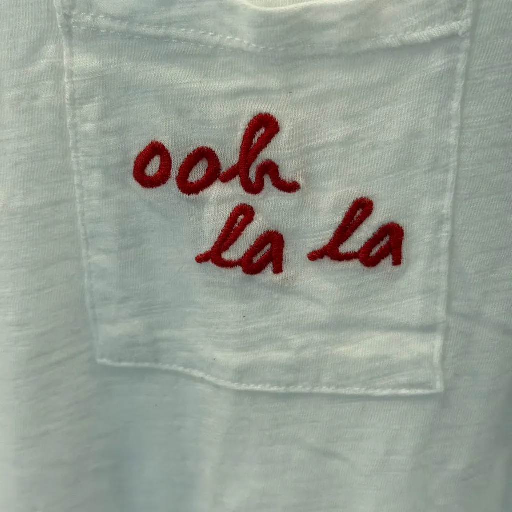 Maison Jules Ooh La La Pocket Tee XL White V-Neck Slub Knit Embroidered Top - Image 4