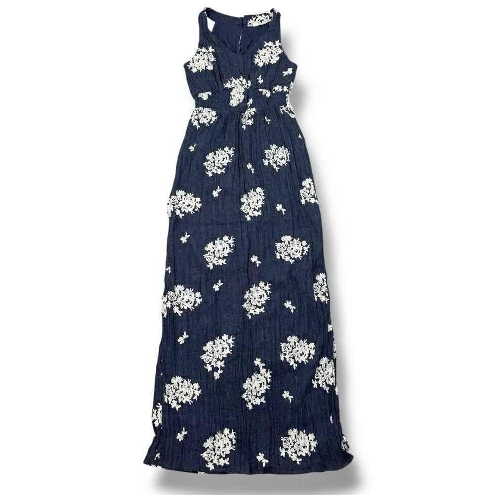 Westport Floral Embroidered Crinkle Smocked Waist Maxi Dress Blue Small - Image 12