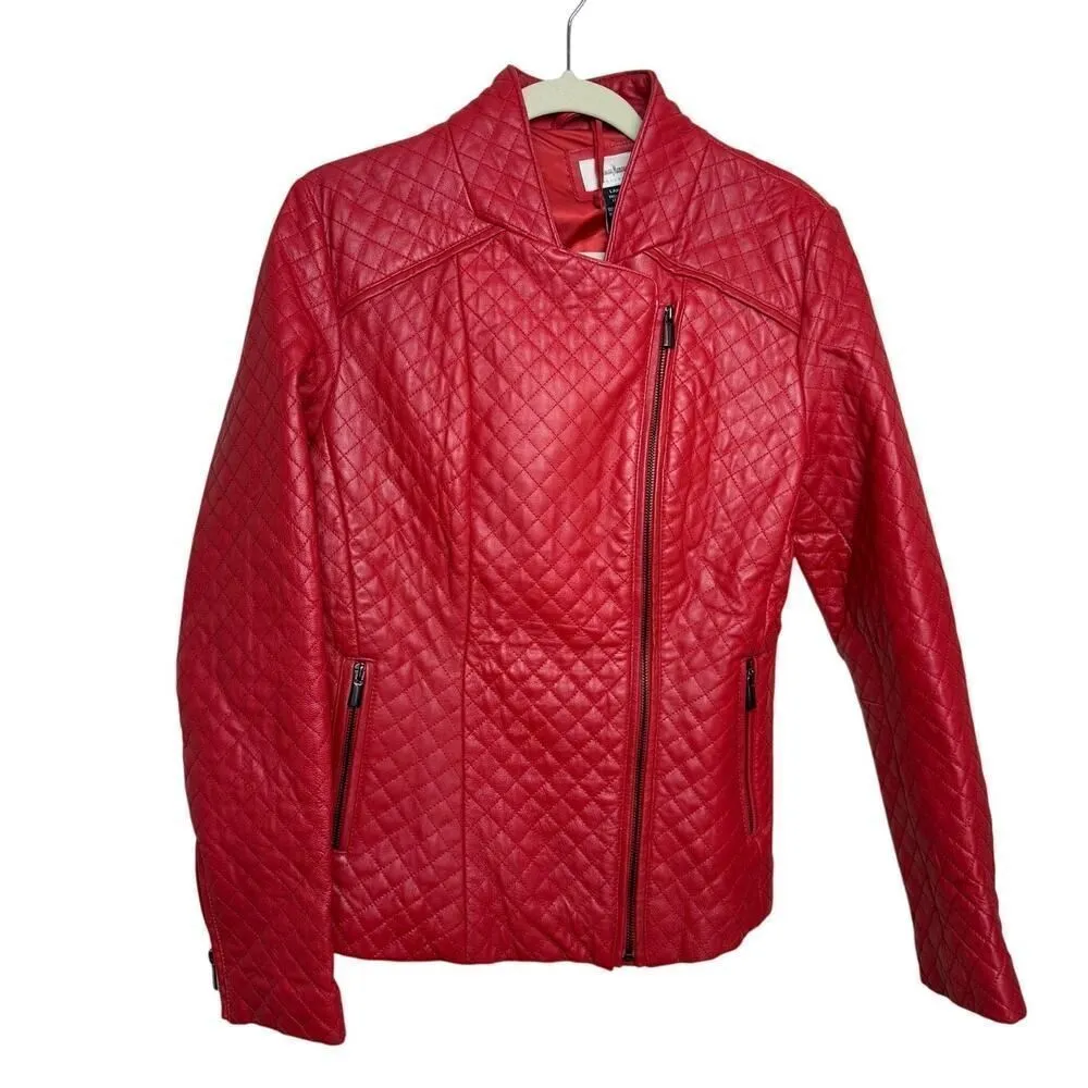 Neiman Marcus Red Quilted Leather Jacket Sz. L - Image 2