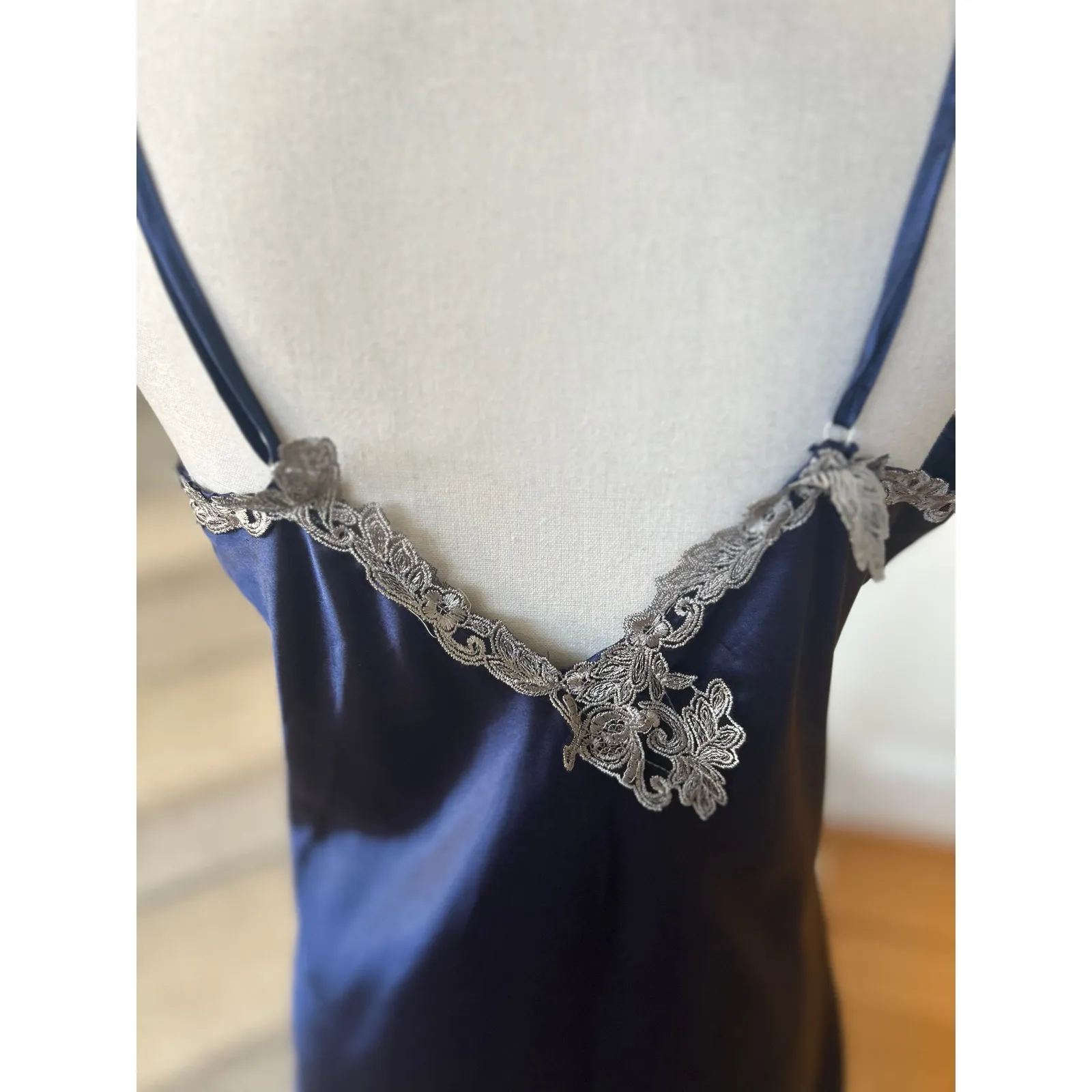 Coquette Whimsygoth Fairy Navy Blue Satin Lace Trim Full Length Slip Dress Size M - Image 4