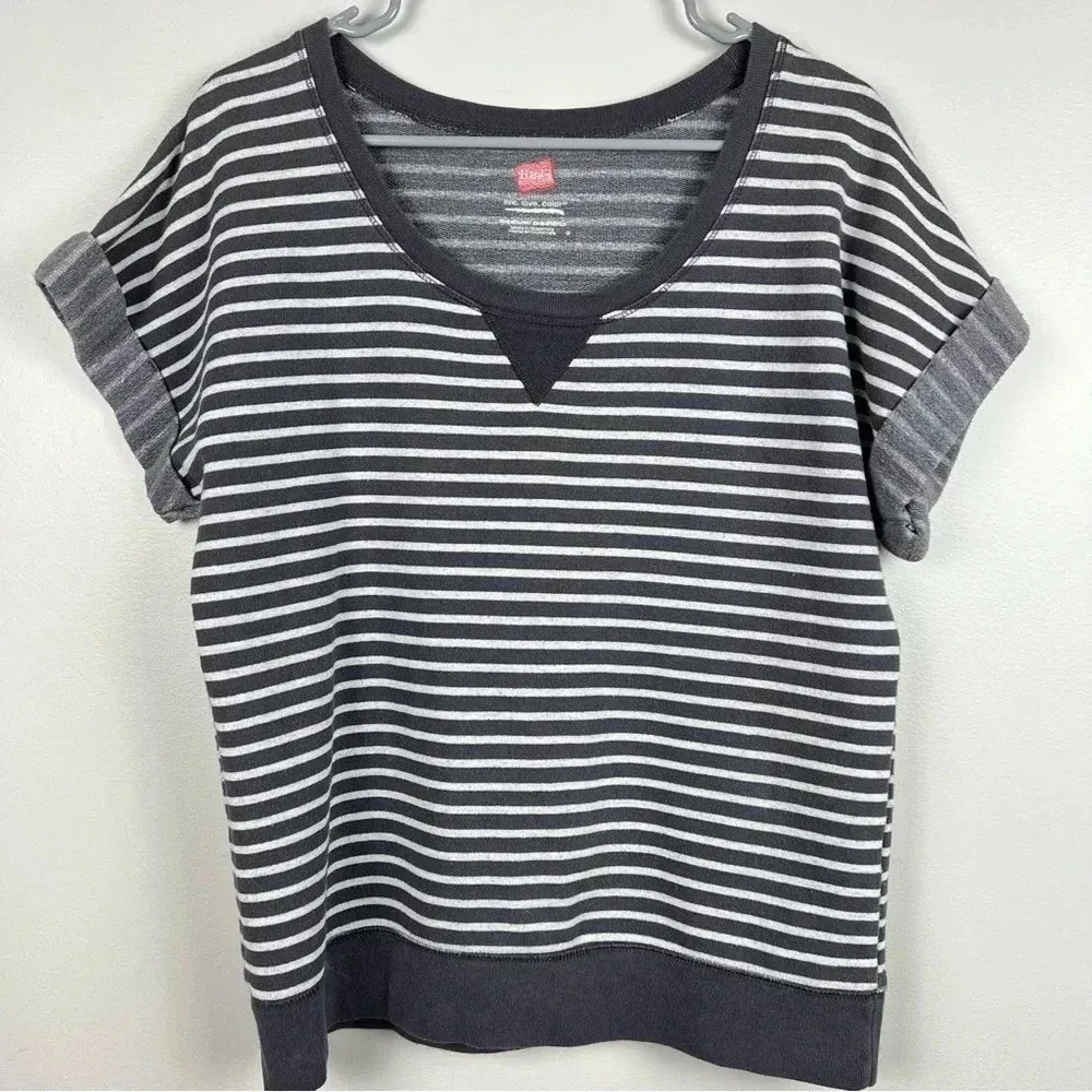 Hanes Women’s Short Sleeve Cuffed Scoop Neck Striped Shirt‎ Gray White, Size Med - Image 2