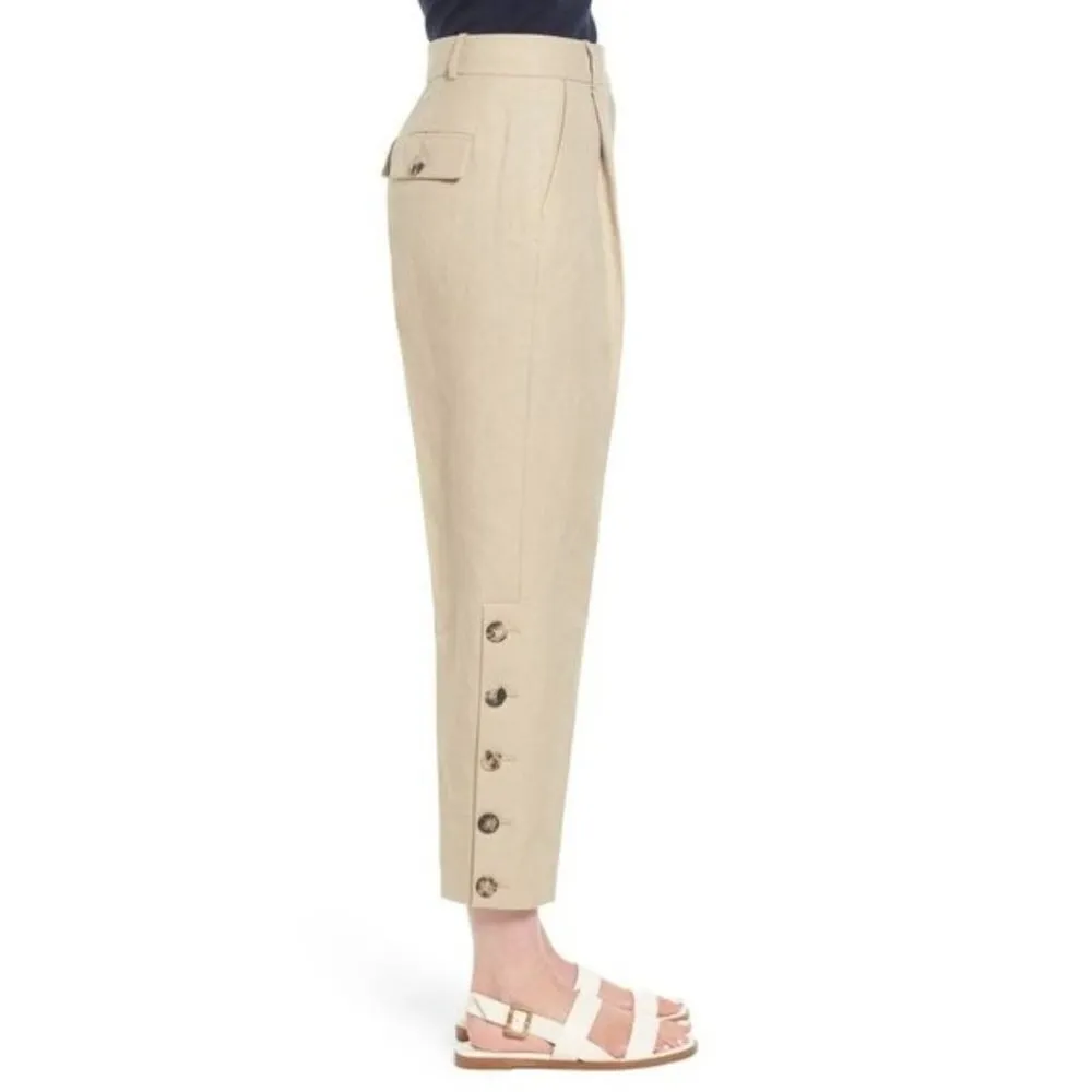 Lewit Pant 10 Khaki Crop Linen Side Buttons Natural Luxury Safari Twill Vacation Tan - Image 3