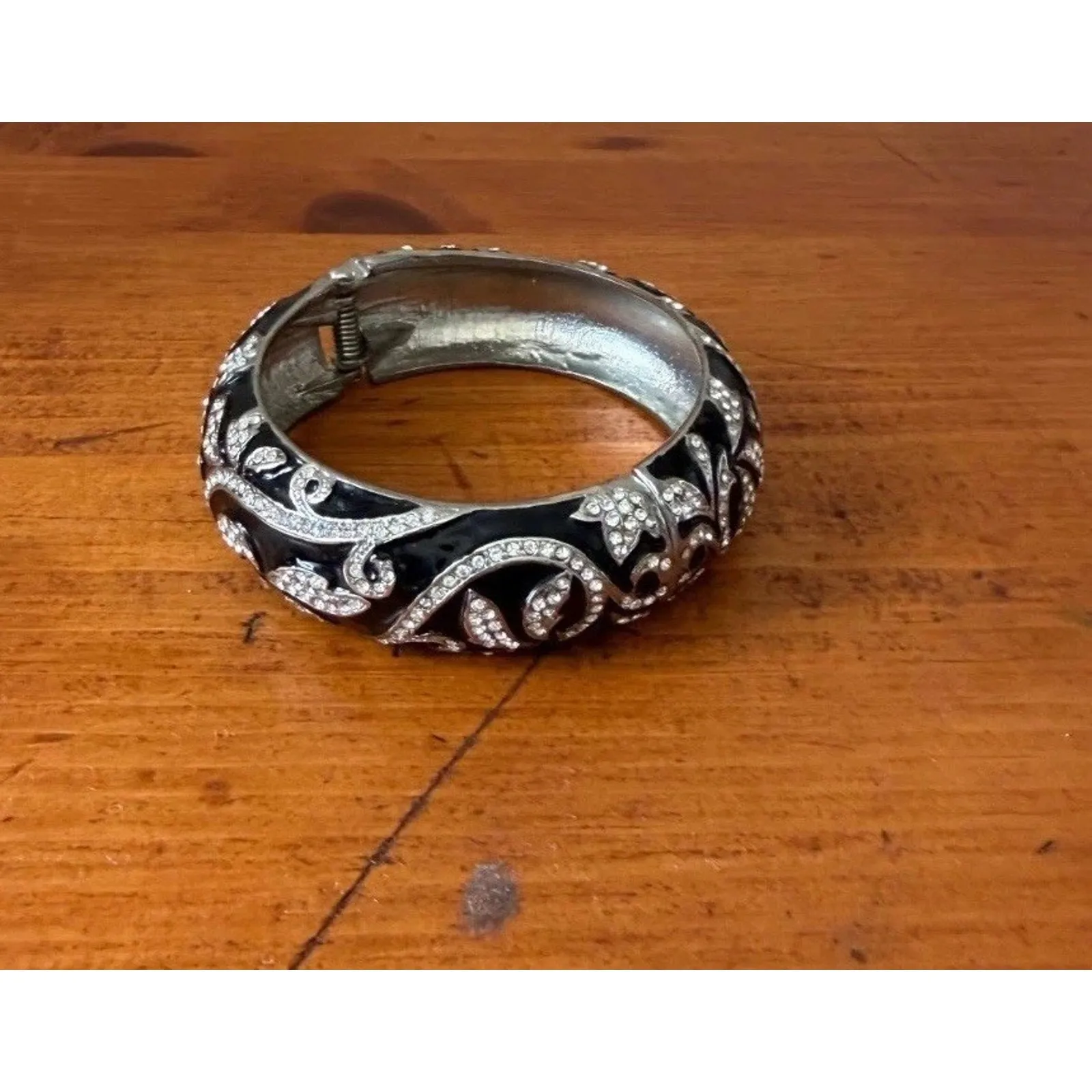 Silver Tone Black Enamel Hinged Bangle Bracelet Rhinestone Crystal Scroll Design - Image 4