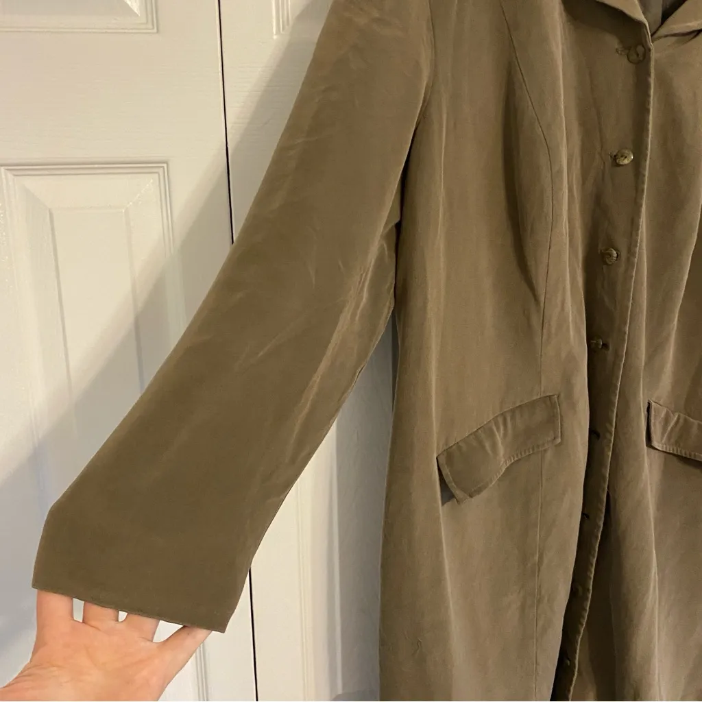 Patrick Women Coat 22 100% Silk Trench Green Button Up Old Money Preppy Tan Size undefined - Image 5