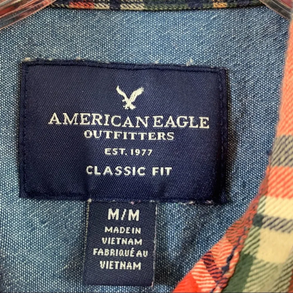 American Eagle Plaid Red/Green Button Down Long Sleeve Shirt - Image 2