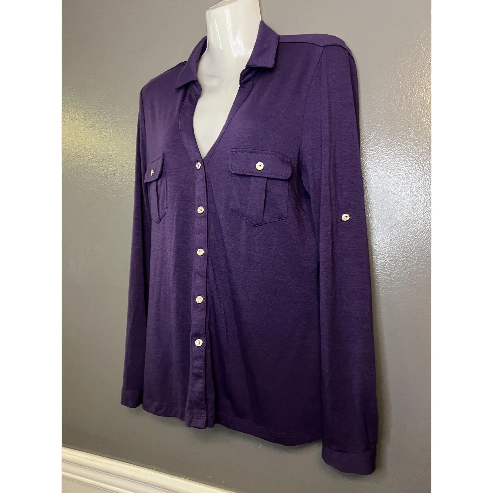 Candalite Shirt Womens Medium Purple Button Front Long Sleeve Stretch Pockets - Image 3