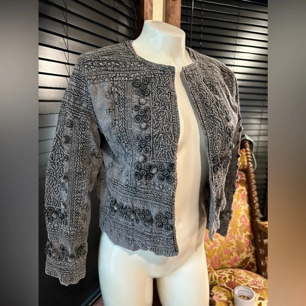 EUC ZARA Grey Cotton Embroidered Embellished bolero Kaftan Kimono Shirt  Sz S - Image 2