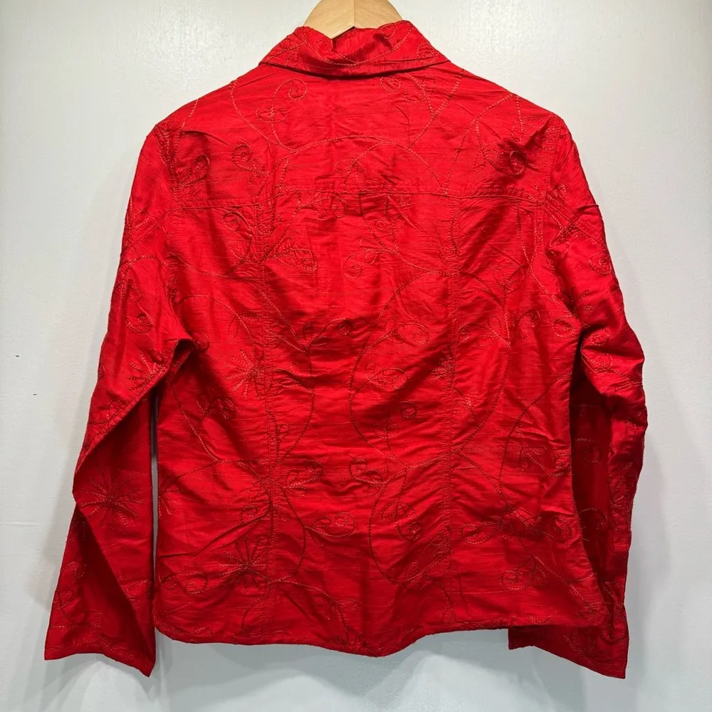 Chico’s Red 100% Silk Alicia Shirt Jacket Button Front w Embroidered Flowers 1/M - Image 8