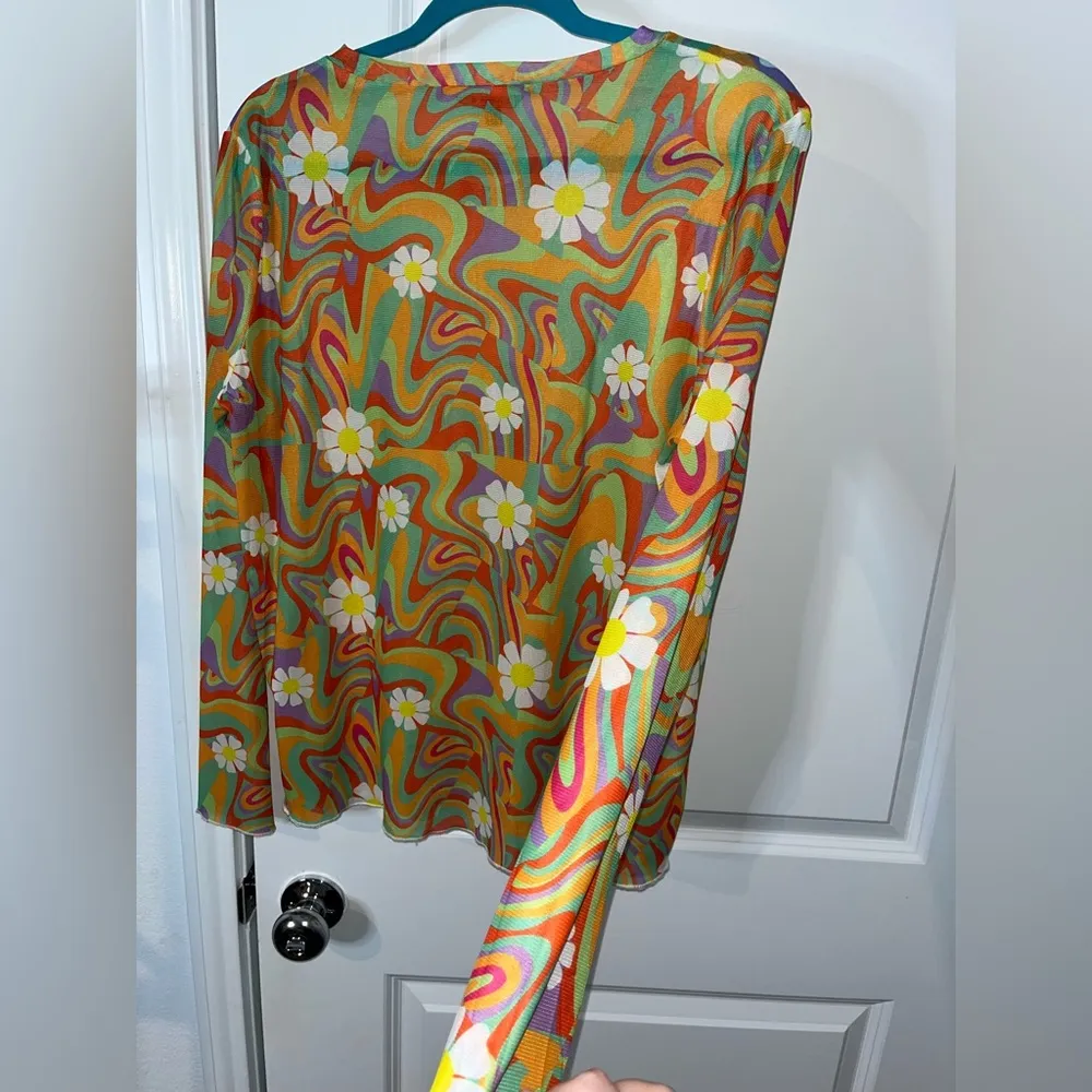 J.NNA Groovy Psychedelic Vibrant Swirl Sorbet Colors Long Sleeve Mesh Top Sz 2XL Orange - Image 8
