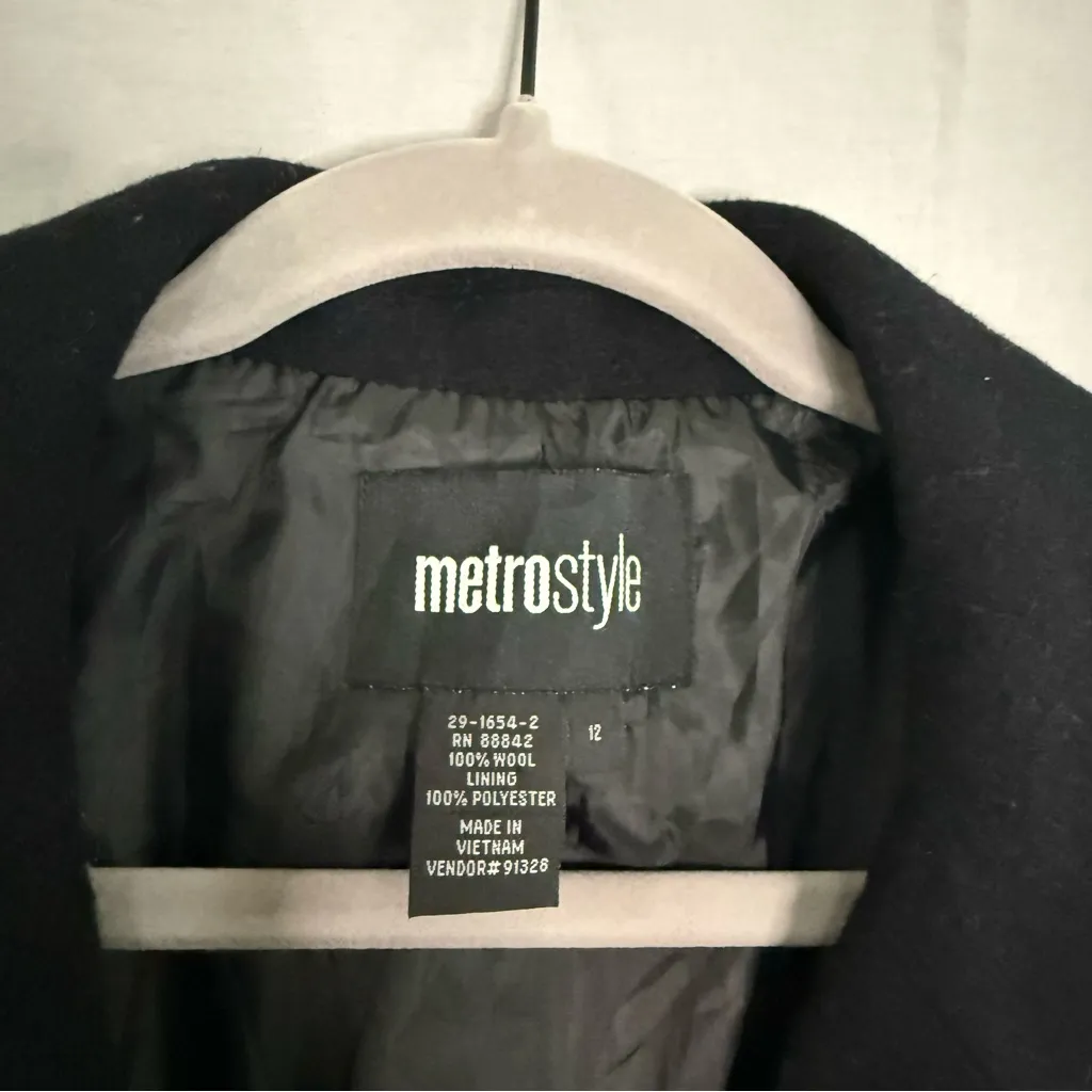 VTG Metrostyle Womens Long Wool Black Trench Coat Large | Size 12 Winter Goth - Image 3