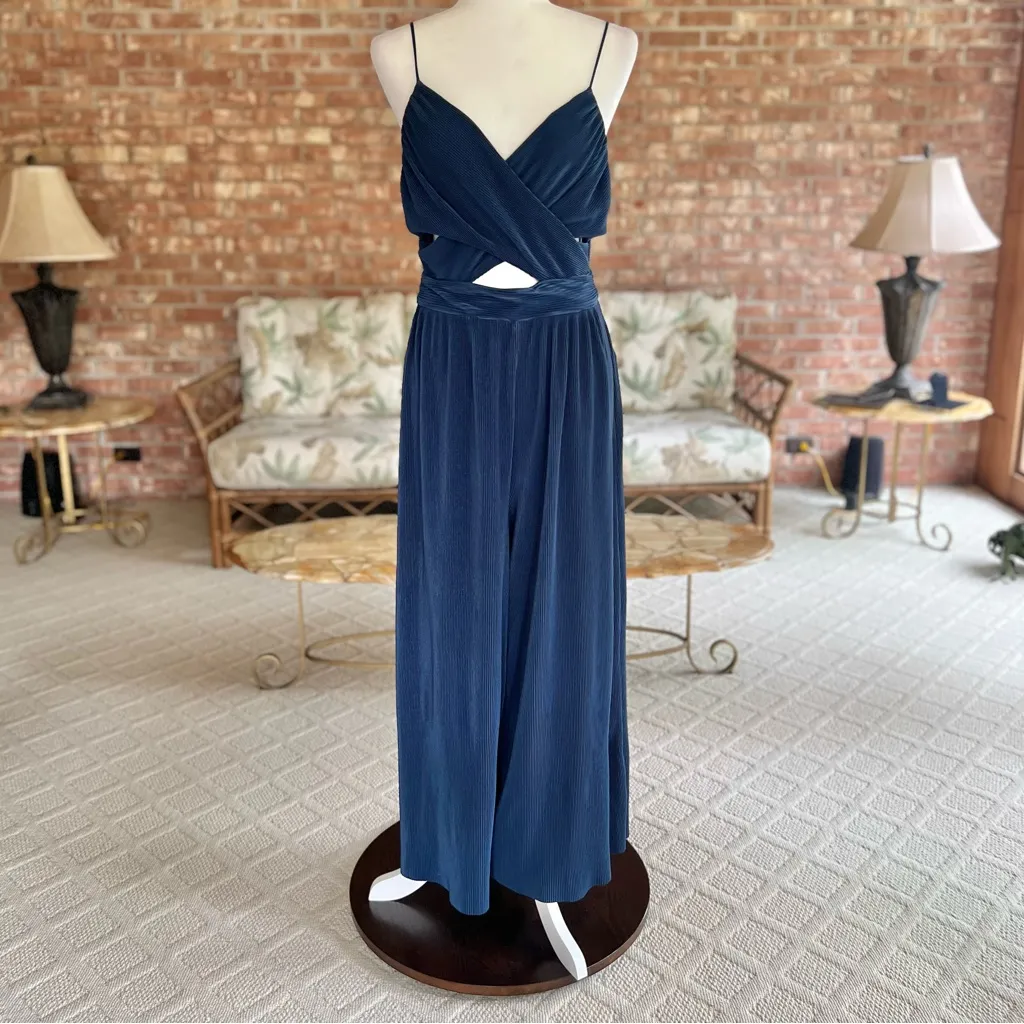 ASTR The Label Jumpsuit Blue Pleated Cutout Wide Leg Cropped M Cocktail Party - Image 4