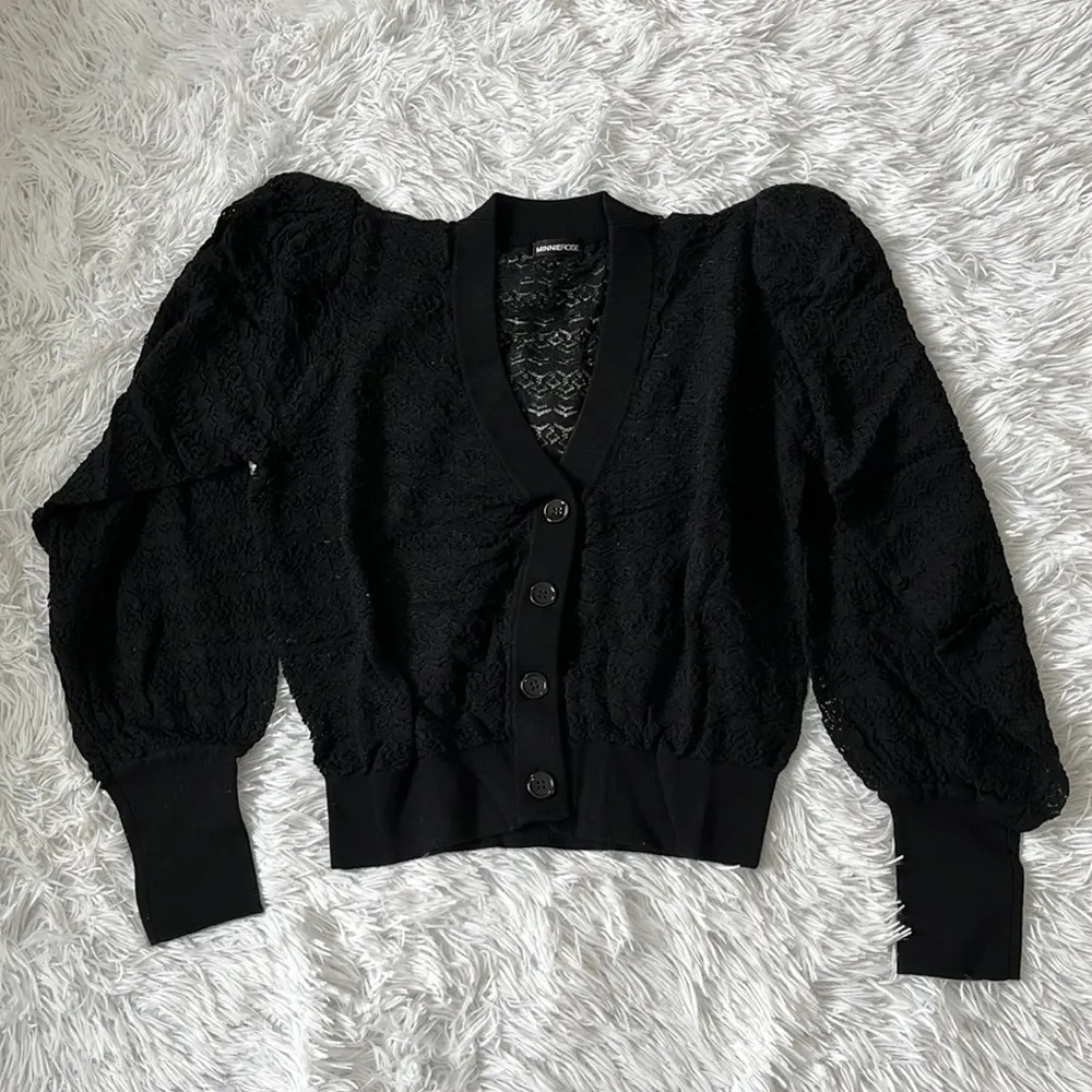 Minnie rose Women’s Puff-sleeve Open-weave button down Cardigan in Black S/M - Image 2