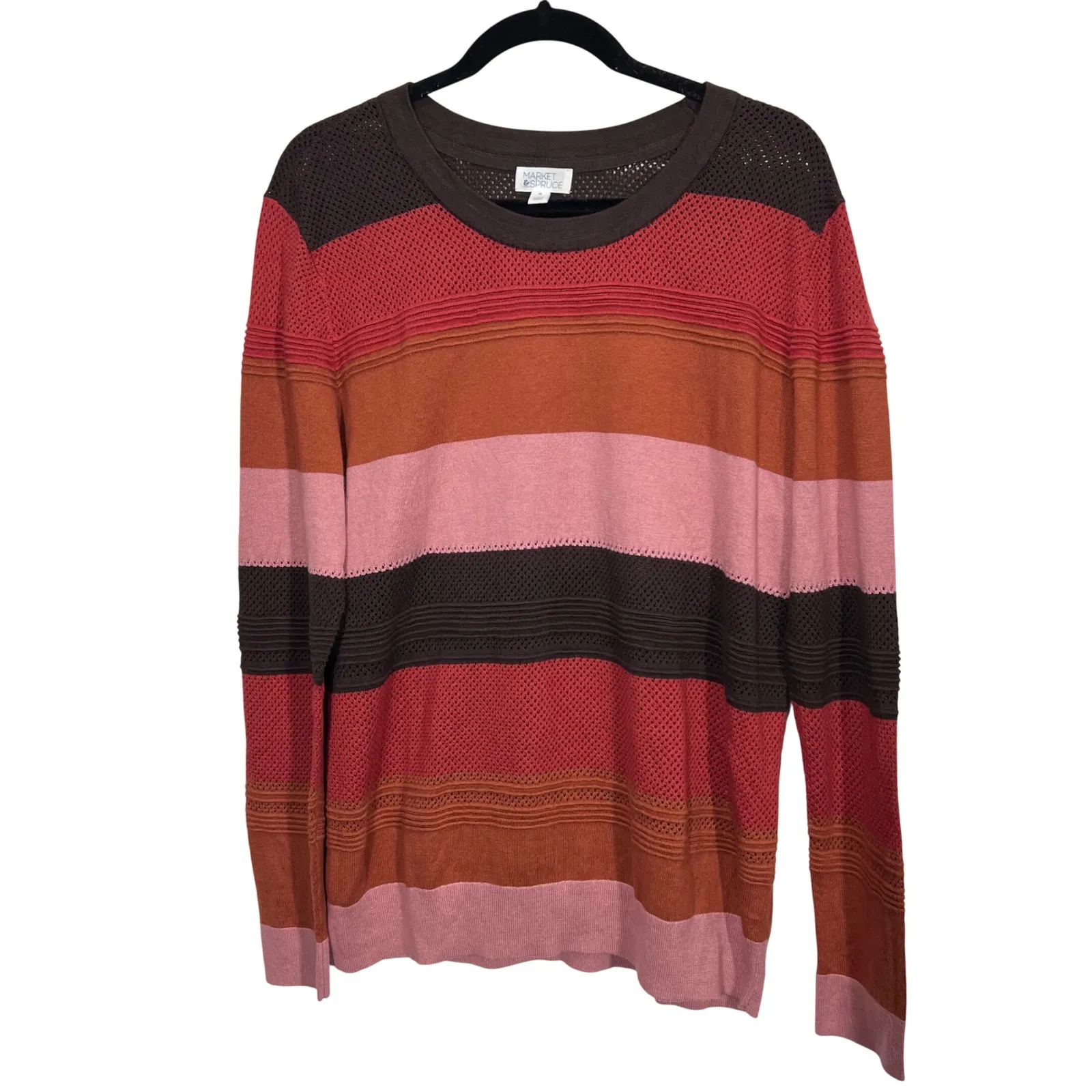 Market & Spruce Striped Crewneck Sweater Womens XL Brown Pink Orange Pullover - Image 2