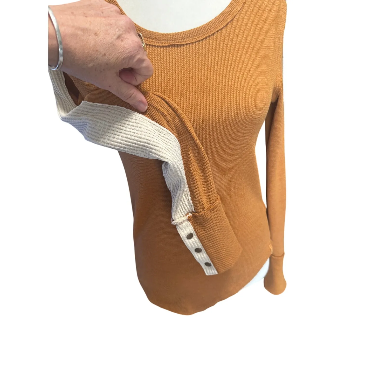 We The Free Colorblock Stripe Thermal Henley Tee Mustard Ochre and Ivory– XS - Image 4